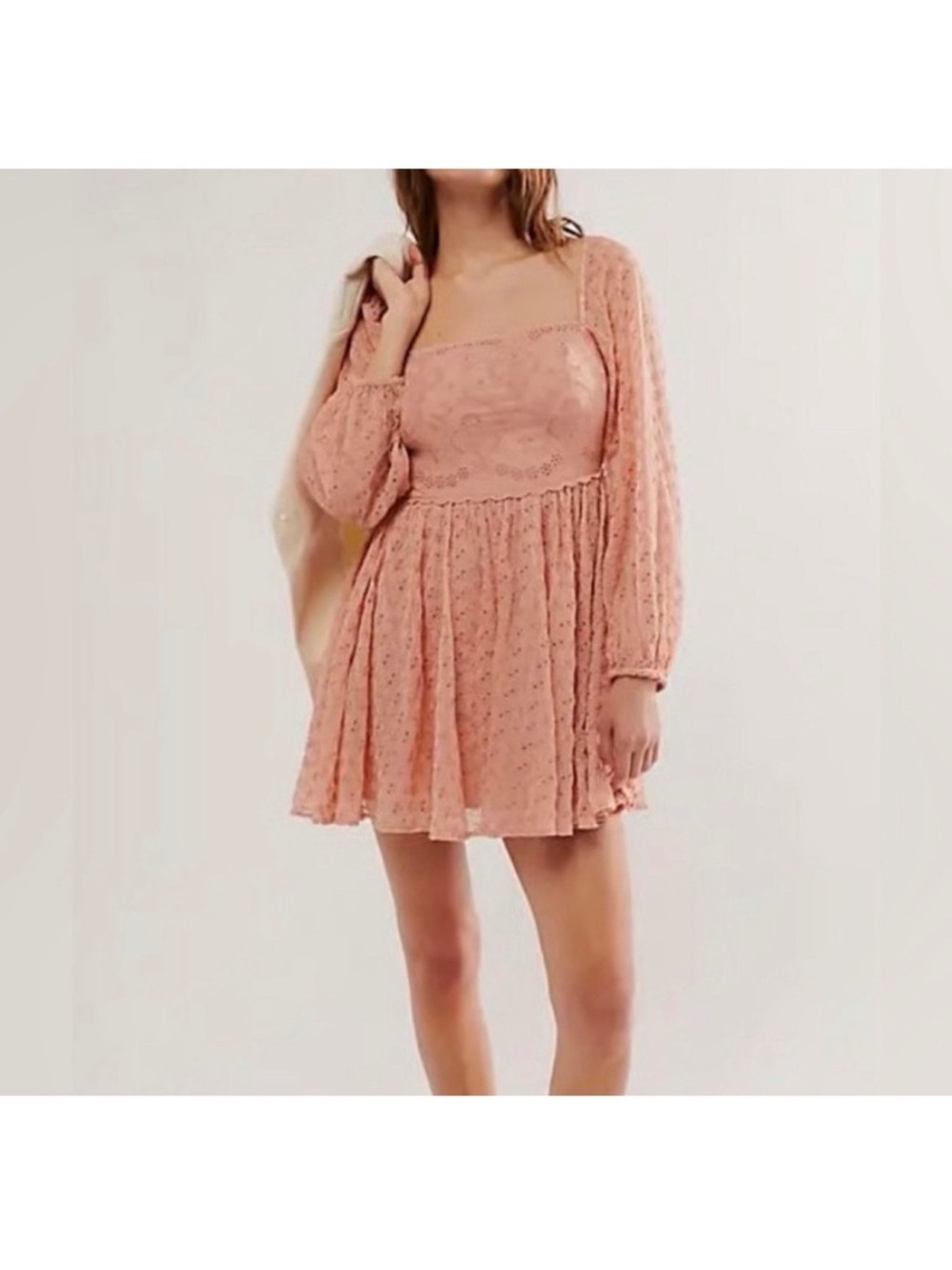 Free people malina smocked Peach Lace Long-Sleeve Mini Dress size L new